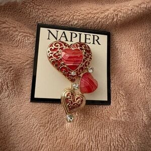 Napier Red and Gold Heart Brooch with Crystal Accents